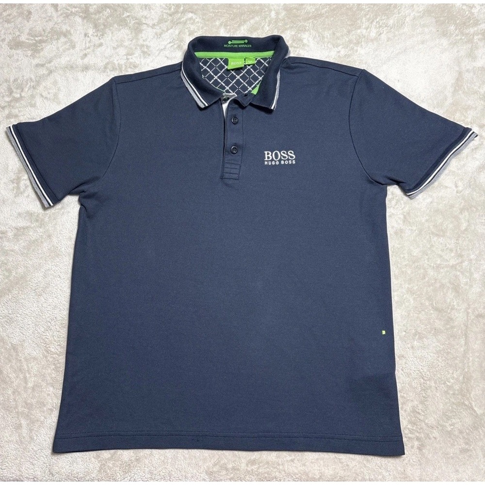 Boss Hugo Boss Polo Shirt Men's Small Blue Ringer Moisture Manager Chest Logo
